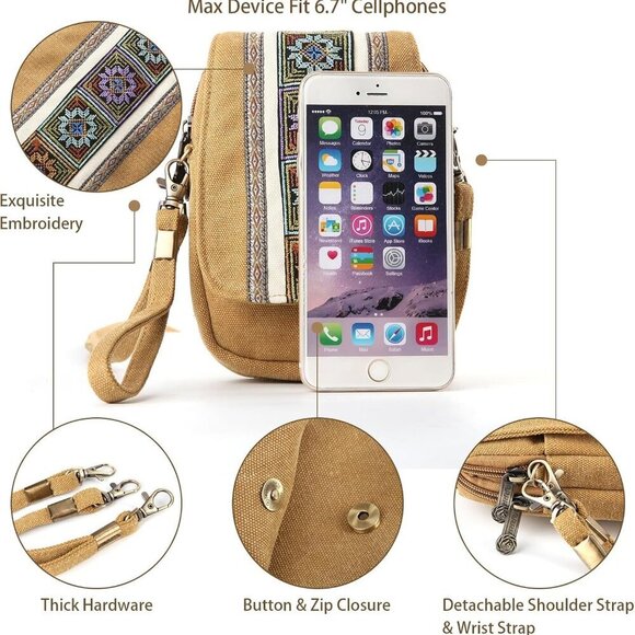 Embroidery Canvas Crossbody Bag Cell phone Pouch Coin Purse for Women - Picture 5 of 7